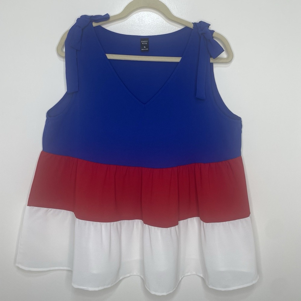 Emory Rose Red White & Blue Tiered Ruffle‎ Flowy Tank Top Size XL 4th Of July
